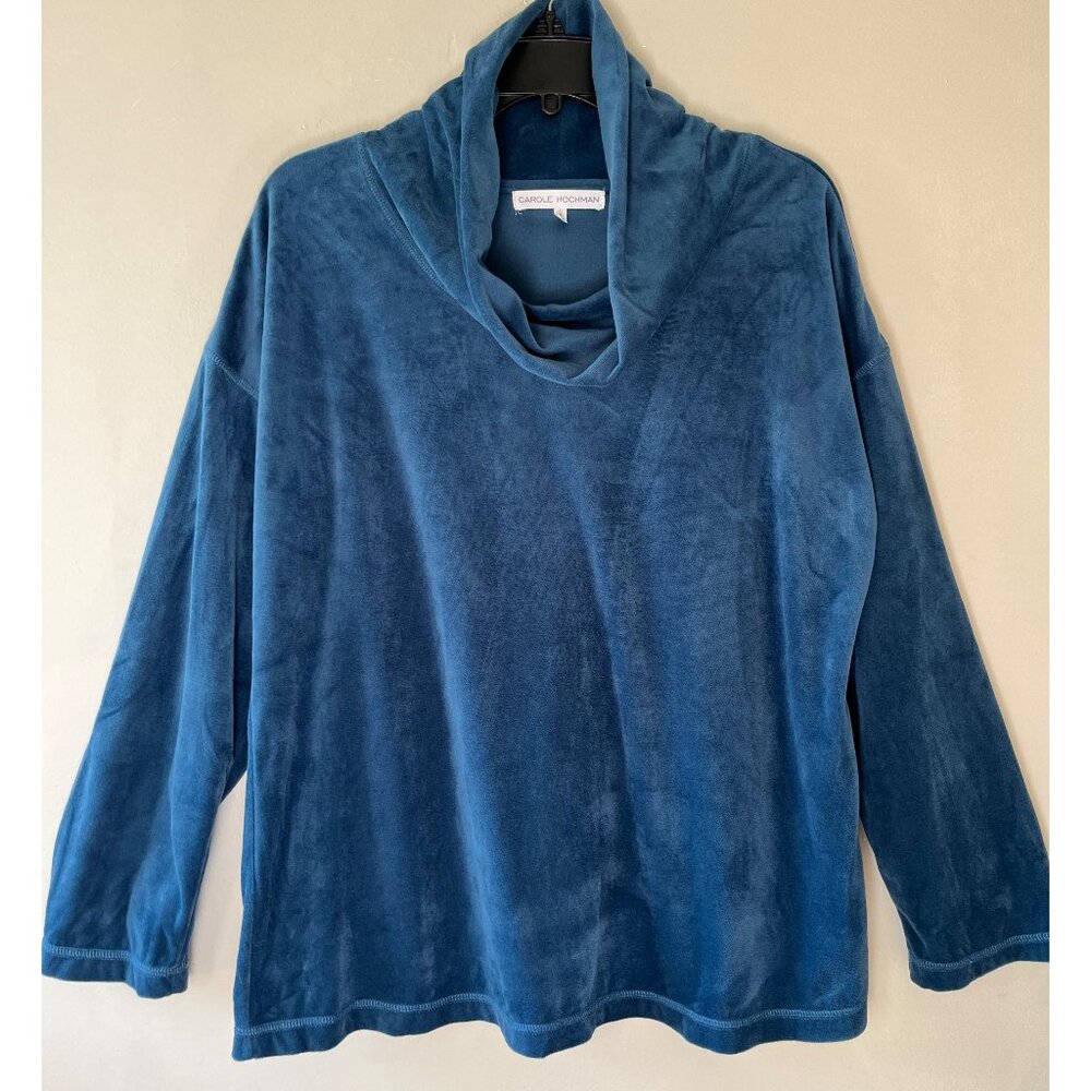 Carole Hochman Sz M Oversized Blue Velour Cowlneck‎ Fleece Stretch Blouse